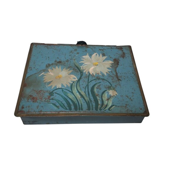 Vtg Toleware Silent Butler Crumb Catcher Metal Hand Painted Box Floral Hinged - Picture 1 of 7